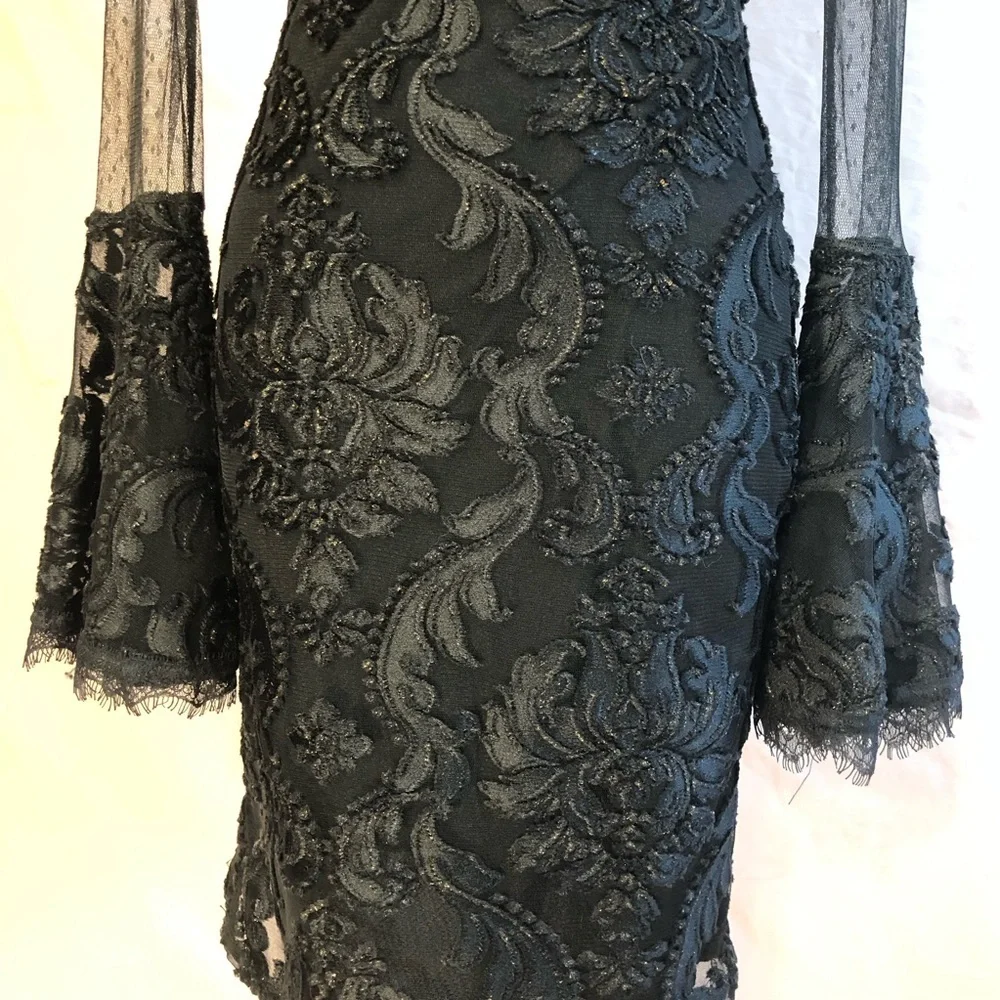 Prom Y2K Formal Black Bell Sleeve Floral Lace Gold Accents Formal Size Small Med - Picture 7 of 17